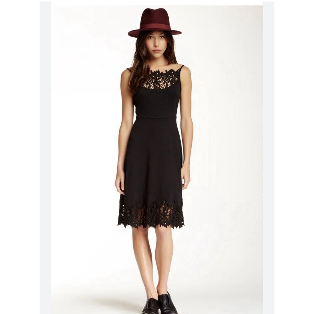 Free People Black Forget Me Not Fit/Flare Stretch Ponte Crochet Eyelet Dress M‎